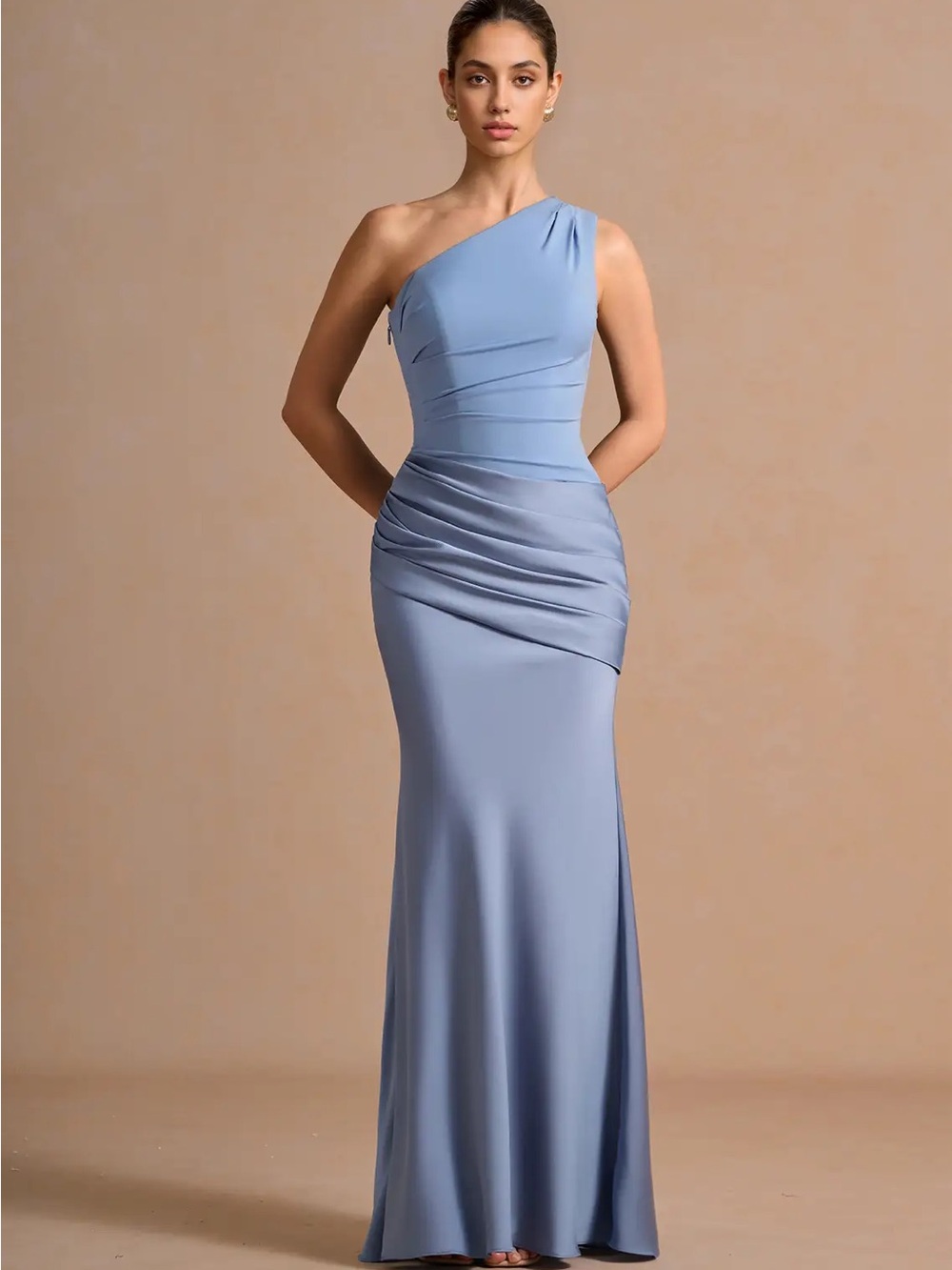 One-Shoulder Dusty Blue Evening Gown